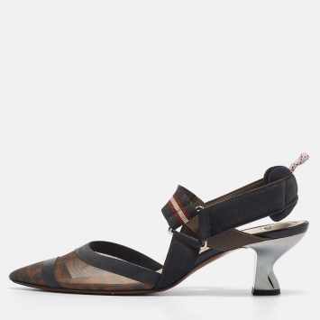 Pre Owned Fendi Brown/Black Zucca Mesh and Fabric Colibri Slingback Pumps Size 38