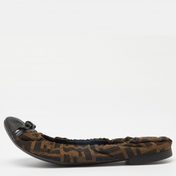 Pre Owned Fendi Tobacco Zucca Canvas and Lizard Embossed Leather Cap Toe Scrunch Ballet Flats Size 39