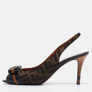 Pre Owned Fendi Brown/Black Zucca Canvas and Leather Bow Slingback Pumps Size 39.5