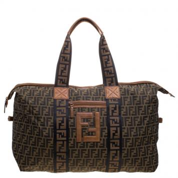Pre Owned Fendi Brown Zucca Canvas Carryall Weekender Traveling Bag
