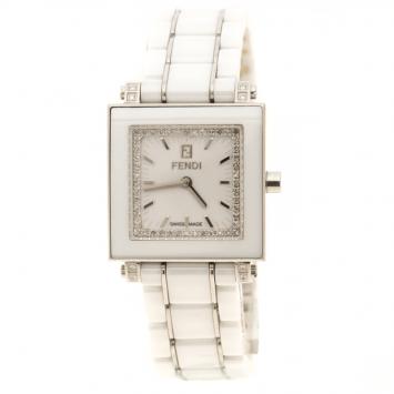 Pre Owned Fendi White Ceramic And Stainless Steel Quadro Women's Wristwatch 25 mm