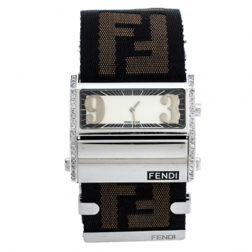 Pre Owned Fendi Cream Stainless Steel Canvas Diamond Zip Code 1120G Women's Wristwatch 46MM
