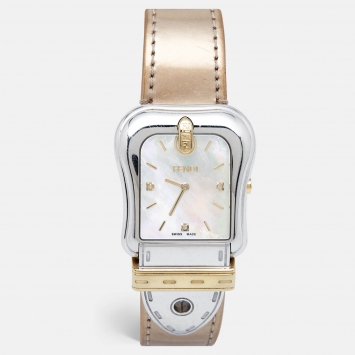 Pre Owned Fendi Mother of Pearl Two Tone Stainless Steel Leather B.Fendi 3800G Women's Wristwatch 33 mm