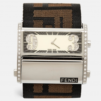 Pre Owned Fendi Cream Stainless Steel Canvas Diamond Zip Code 1120G Women's Wristwatch 46 mm