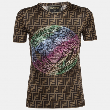 Pre Owned Fendi x Versace Brown Crystals Embellished Monogram Jersey T-Shirt XS