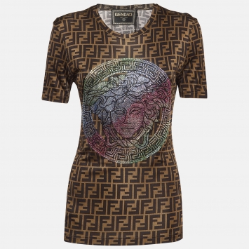 Pre Owned Fendace Brown Crystals Embellished Monogram Jersey T-Shirt XS