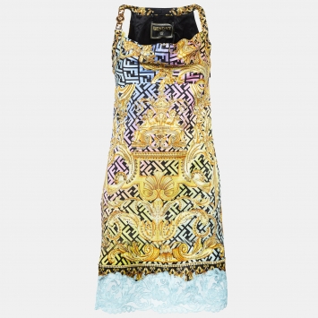 Pre Owned Fendace Multicolor Baroque Print Satin Studded Mini Cocktail Dress S