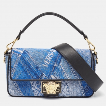 Pre Owned Fendi x Versace Fendace Blue/Black Denim and Leather Fendace Patchwork Baguette Bag