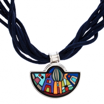 Pre Owned Frey Wille Hundertwasser Street River Fire Enamel Half Moon Pendant Necklace