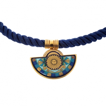 Pre Owned Frey Wille Vintage Sun Motif Blue Fire Enamel Gold Plated Half Moon Pendant 