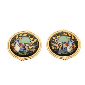 Pre Owned Frey Wille Bird Motif Green Enamel Gold Plated Clip-on Stud Earrings