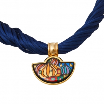 Pre Owned Frey Wille Hommage à Hundertwasser Street Rivers Fire Enamel Gold Plated Half Moon Pendant Necklace