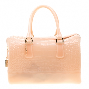 Pre Owned Furla Light Peach Glossy Croc Embossed Rubber Candy Satchel