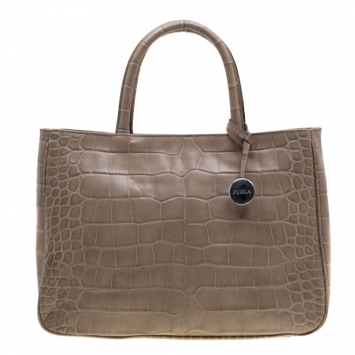 Pre Owned Furla Grey Croc Embossed Leather Practica Tote