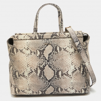 Pre Owned Furla Beige/Black Python Embossed Leather Top Zip Tote