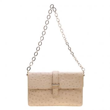 Pre Owned Furla Beige Ostrich Embossed Leather Chain Clutch