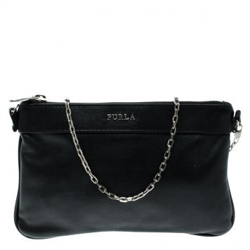 Pre Owned Furla Black Leather Chain Clutch