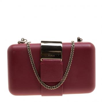 Pre Owned Furla Red Leather Opera Chain Clutch