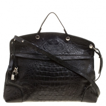 Pre Owned Furla Black Croc Embossed Leather Large Piper Dome Satchel