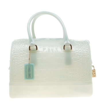 Pre Owned Furla Mint Green Crocodile Embossed Rubber Candy Satchel