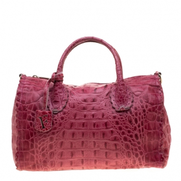 Pre Owned Furla Pink Croc Embossed Leather Satchel