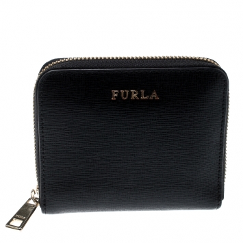 Pre Owned Furla Black Leather Babylon Zip Around Compact Wallet