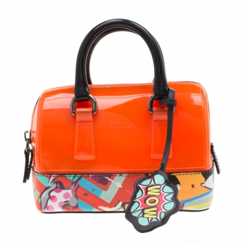 Pre Owned Furla Orange/Multicolor Rubber and Printed Leather Mini Candy Cookie Graffiti Satchel