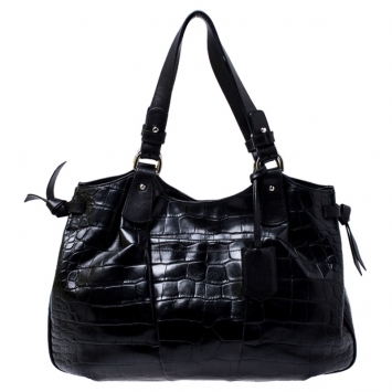 Pre Owned Furla Black Croc Embossed Leather Shoulder Bag