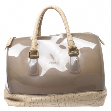 Pre Owned Furla Beige Rubber/Crocodile Embossed Candy Satchel
