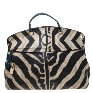 Pre Owned Furla Black/Cream Zebra Print Leather Piper Top Handle Bag w/ Zippy Wallet