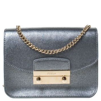 Pre Owned Furla Metallic Silver Leather Mini Metropolis Crossbody Bag