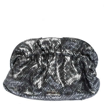 Pre Owned Furla Metallic Grey Snakeskin Effect Leather Ruffle Clutch