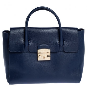 Pre Owned Furla Navy Blue Leather Large Metropolis Satchel