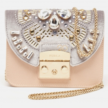 Pre Owned Furla Peach/Grey Leather and Velvet Crystal Embellished Mini Metropolis Crossbody Bag