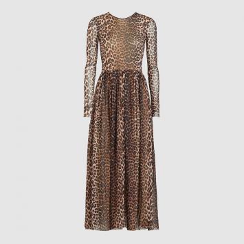 Pre Owned Ganni Animal Leopard Print Mesh Maxi Dress DK  40