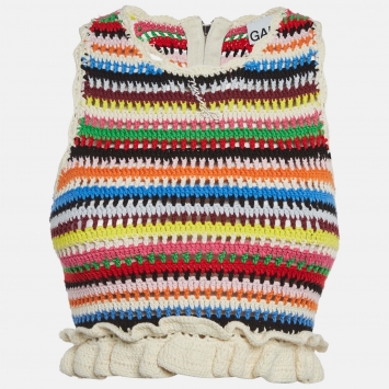 Pre Owned Ganni Multicolor Striped Crochet Frilled Crop Top XS