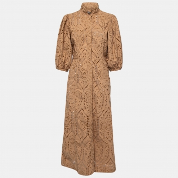 Pre Owned Ganni Tan Brown Cotton Eyelet Collared Midi Dress M