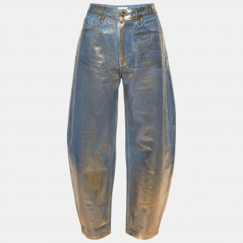 Pre Owned Ganni Gold Foiled Denim Stary High Waist Jeans M/Waist 30"