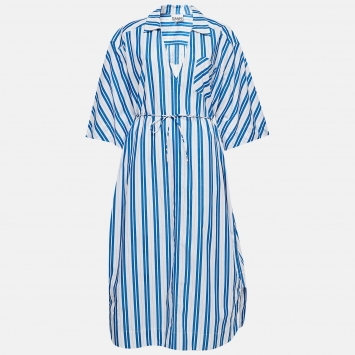 Pre Owned Ganni White/ Blue Striped Organic Cotton Wait Tie Shirt Dress L