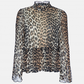 Pre Owned Ganni Brown Leopard Print Crepe & Plisse Peplum Blouse M