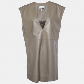 Pre Owned Ganni Brown Leather Sleeveless Shift Dress M