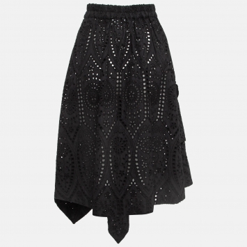 Pre Owned Ganni Black Cotton Broderie Anglaise Asymmetric Midi Skirt S