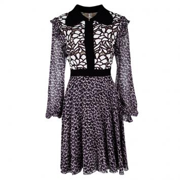 Pre Owned Giambattista Valli Black Printed Silk Georgette Floral Embroidered Ruffled Dress XL