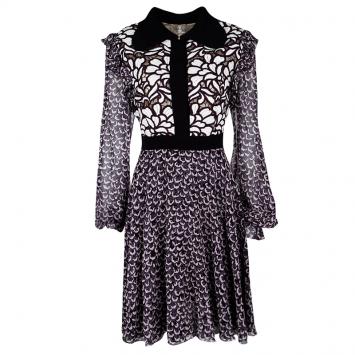 Pre Owned Giambattista Valli Black Printed Silk Georgette Floral Embroidered Ruffled Dress XL