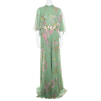 Pre Owned Giambattista Valli Fern Green Floral Printed Silk Cape Style Gown L
