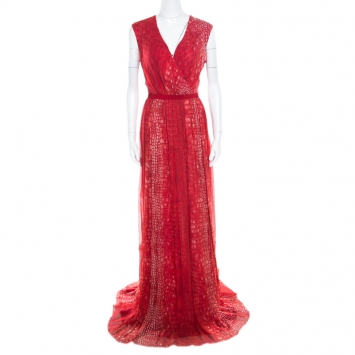 Pre Owned Giambattista Valli Red Crocodile Skin Printed Silk Sleeveless Cocktail Gown L