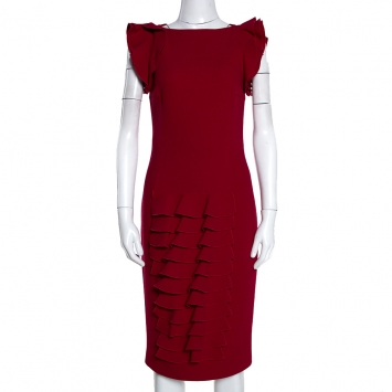 Pre Owned Giambattista Valli Red Crepe Wool Ruffled Detail Pencil Dress S