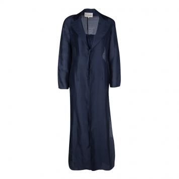 Pre Owned Gianfranco Ferre Vintage Navy Blue Silk Long Coat and Trousers Set M