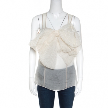 Pre Owned Gianfranco Ferre Cream Sheer Silk Paneled Bow Front Sleeveless Top M