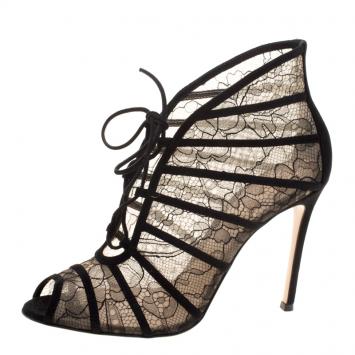 Pre Owned Gianvito Rossi Black Lace And Suede Lace Up Booties Size 39.5